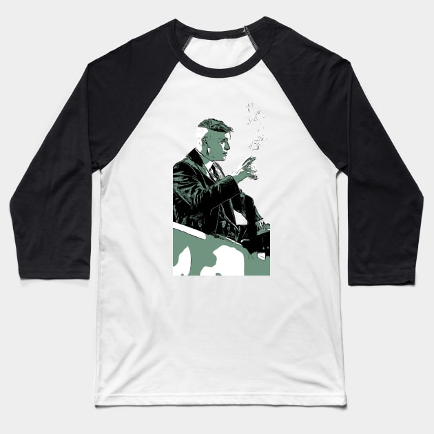 Thomas Shelby sits in the bar at the counter with a wisky glass and a cigarette in his hand as abstract comic art Baseball T-Shirt by ComicPrint